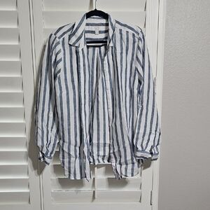 Charter Club Blue and White Striped Casual Shirt Linen